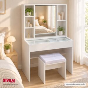 โต๊ะเครื่องแป้งเกาหลี 80 ซม. สีขาว พร้อมเก้าอี้